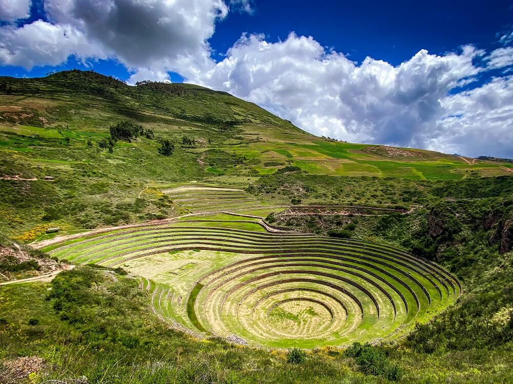 circular terraces built in depression in the Sacred Valley of Peru