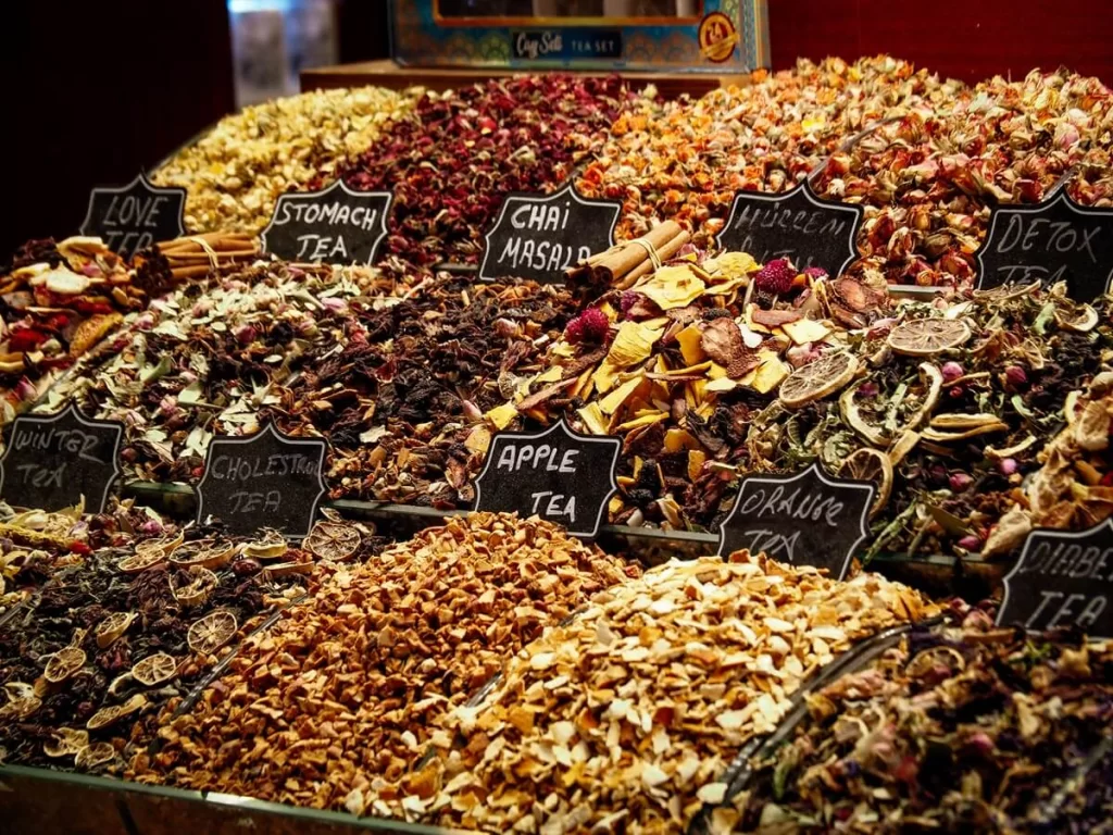 A selection of loose tea leaves in a Turkish Bazaar