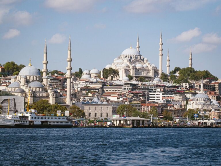 View of two huge mosques and other buildings from the water