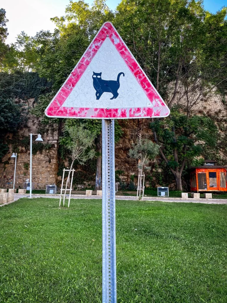 A triangular traffic sign with a black cat on it in Antalya Turkey 