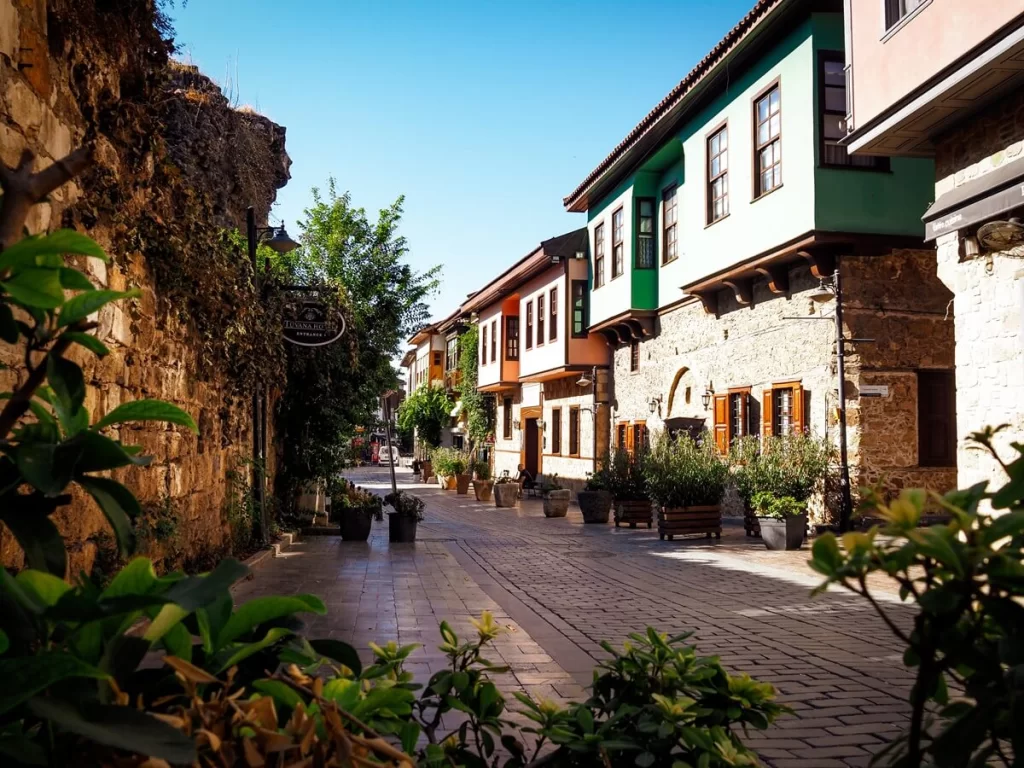 A row of traditional houses on the street in Antalya Turkey