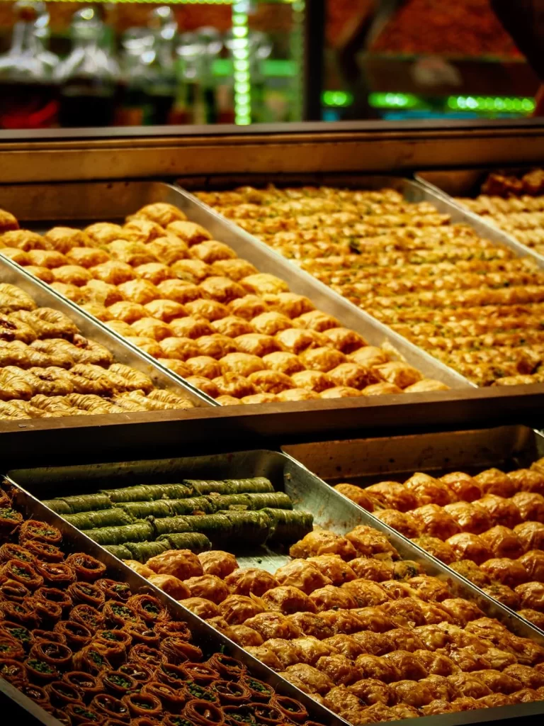 A selection of Turkish baklavas on display of a pastry shop