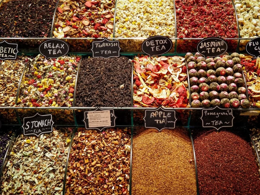 A selection of tea leaves and spices at a Turkish market