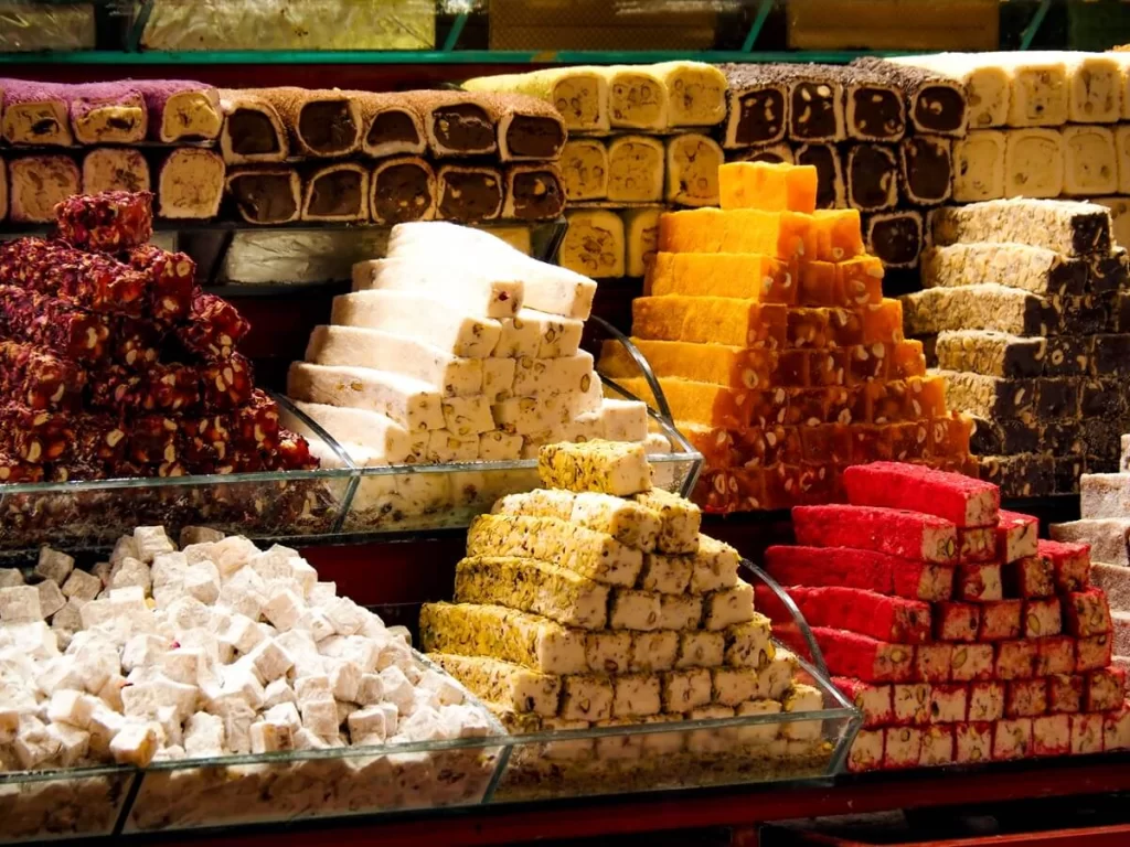 A selection of Turkish Delights arranged in pyramid shapes