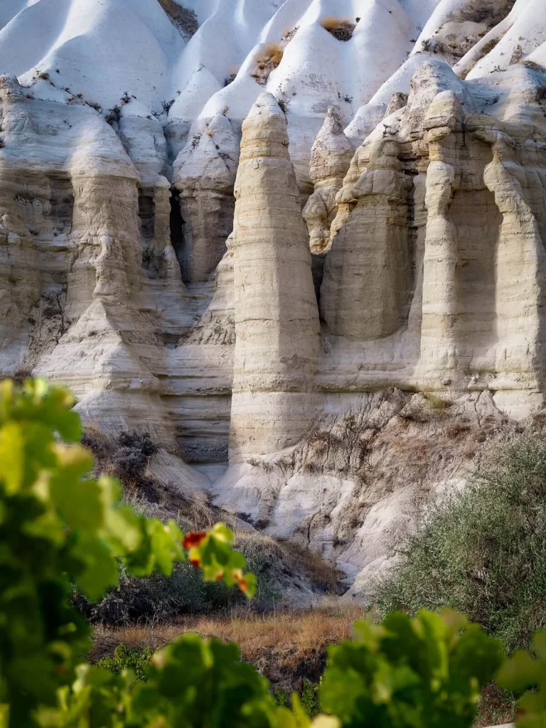 The side of a valley with unique rock formations in Cappadocia