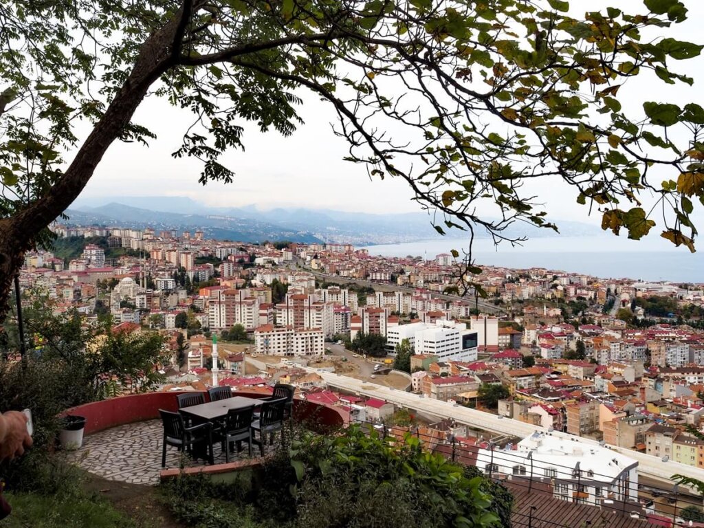 A lookout point overlooking homes and the Black Sea in the city of Trabzon in Turkey