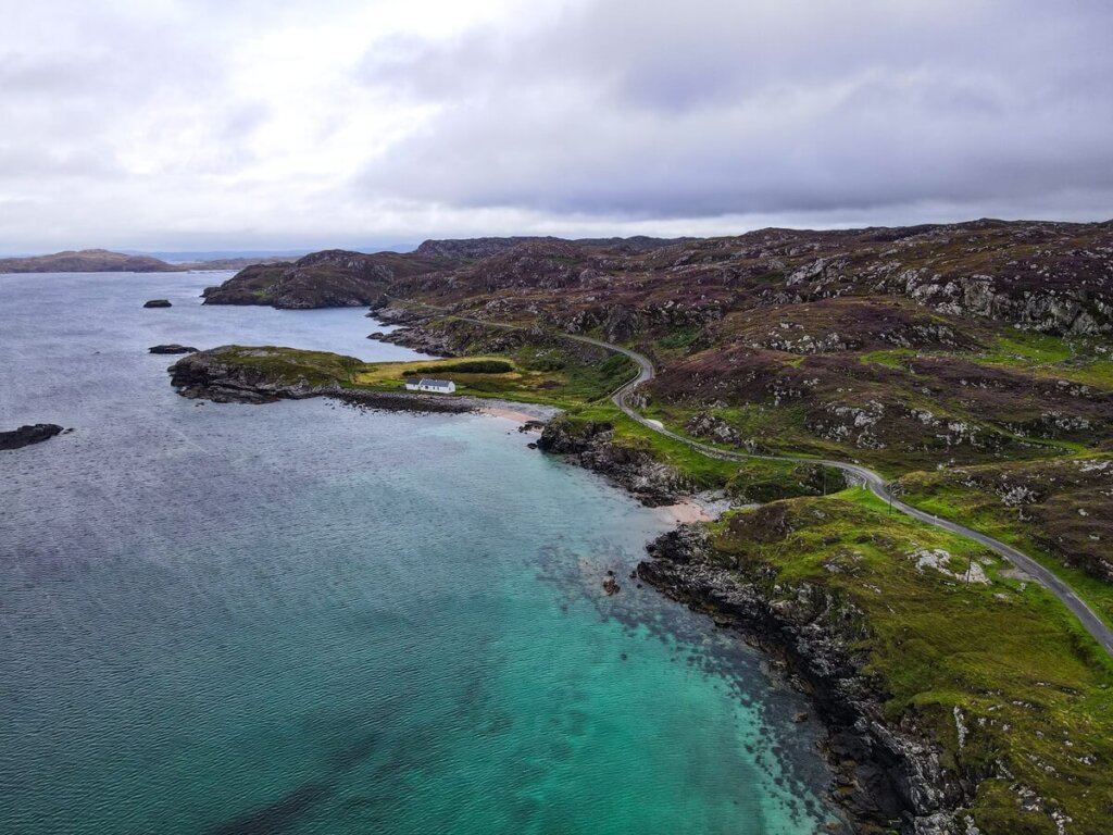 Aerial view of the coast along the NC500 in Scotland