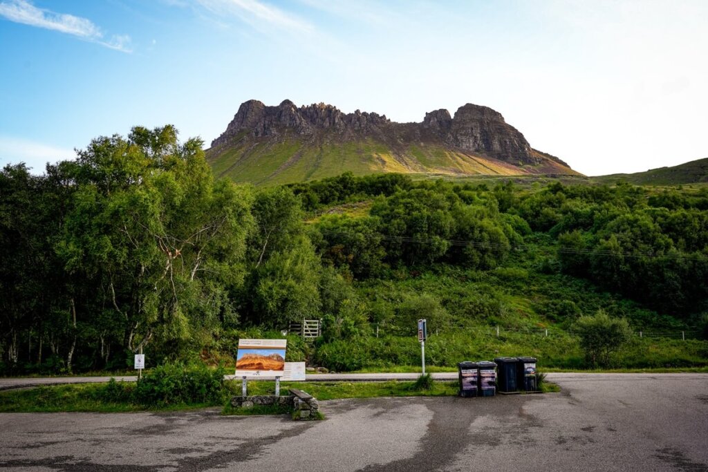 Car Park with Stac Pollaidh mountain in the background