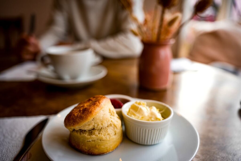 Devon cream tea with a scone, jam and cream