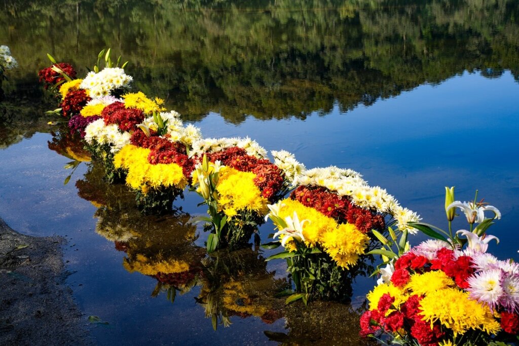 Flower offerings at Laguna Chicabal