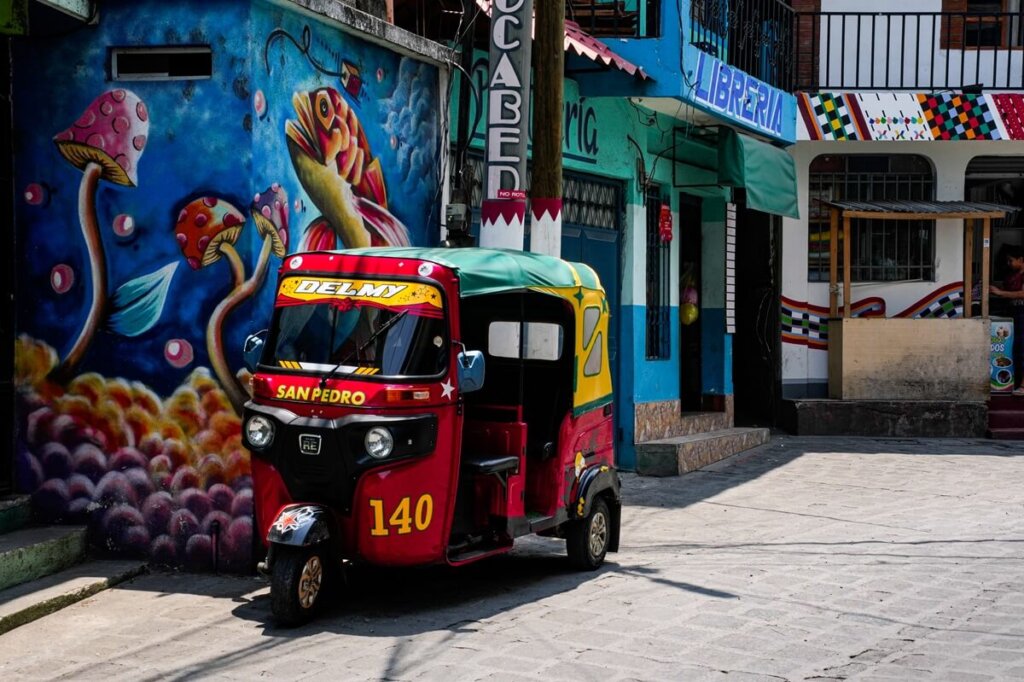 Red tuk-tuk in San Pedro Lake Atitlan Guatemala