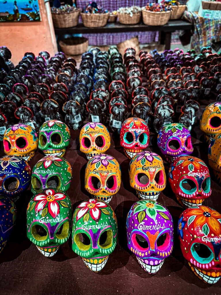 colourful skulls on a shelf