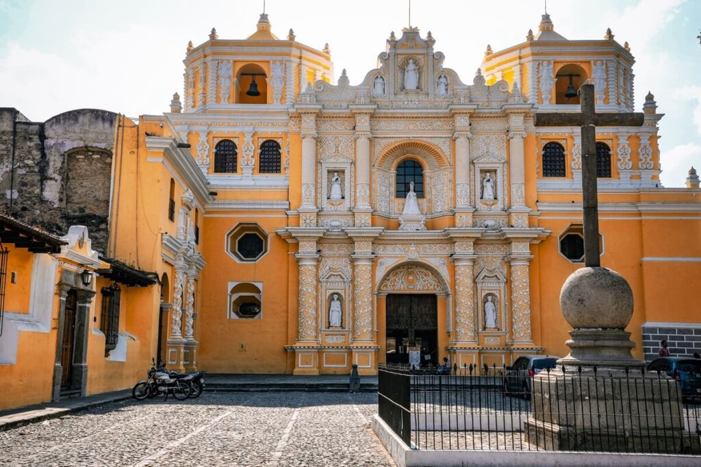 The yellow La Merced Church in Antigua Guatemala