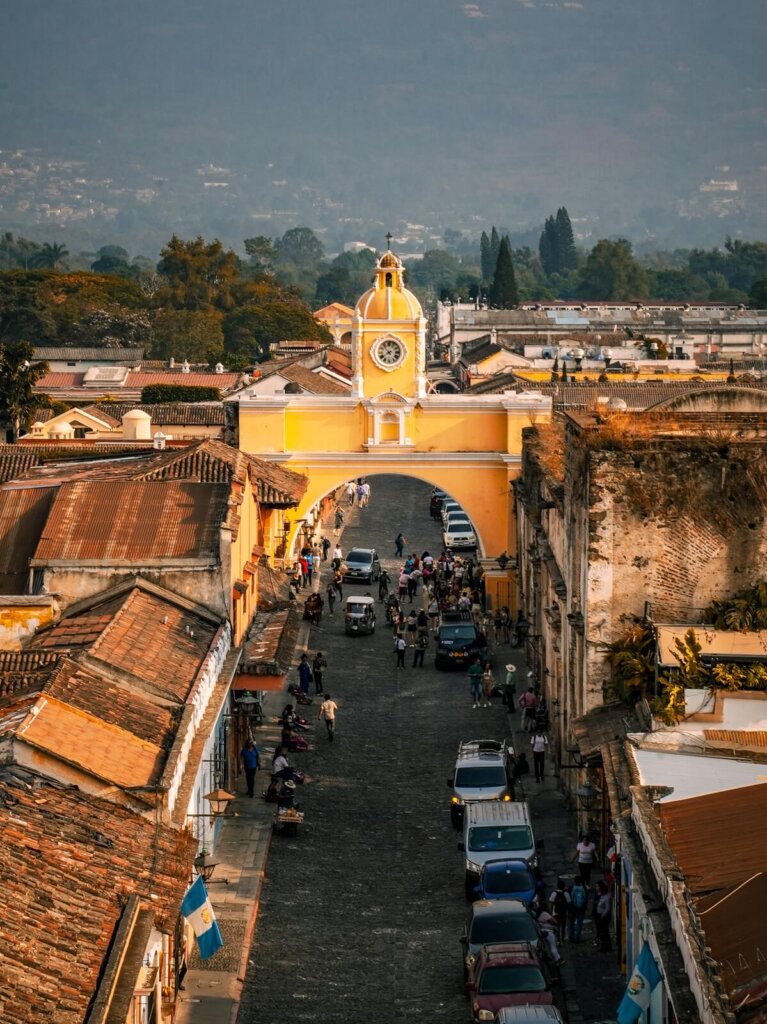 View of the Santa Catarina Arch from a rooftop in Antigua Guatemala